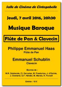 Concert Flûte de Pan & Clavecin. Le jeudi 7 avril 2016 à CINTEGABELLE. Haute-Garonne.  20H30